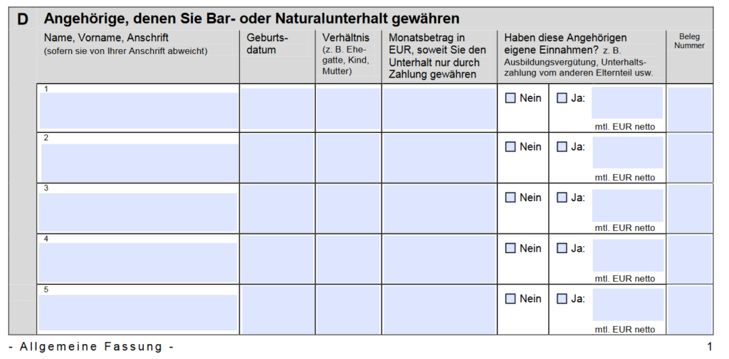 Auszug aus dem Prozesskostenhilfe-Formular. Allein schon für diese Spalte bräuchte man schon fundierte Kenntnisse im Familienrecht, wenn man es richtig machen will.